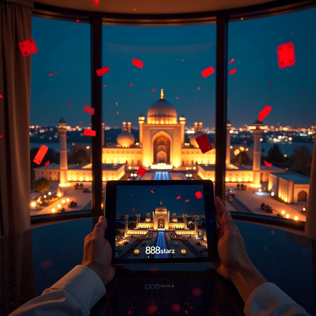 Luxury modern interior in a Samarkand penthouse overlooking the illuminated Registan Square at night through panoramic windows, 888starz official branding on a tablet screen, 3D golden multipliers and red playing cards floating in the air, sophisticated a